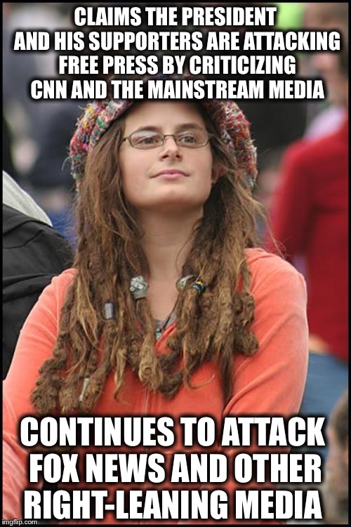 Liberals | CLAIMS THE PRESIDENT AND HIS SUPPORTERS ARE ATTACKING FREE PRESS BY CRITICIZING CNN AND THE MAINSTREAM MEDIA; CONTINUES TO ATTACK FOX NEWS AND OTHER RIGHT-LEANING MEDIA | image tagged in memes,college liberal,fox news,cnn,mainstream media,liberal hypocrisy | made w/ Imgflip meme maker