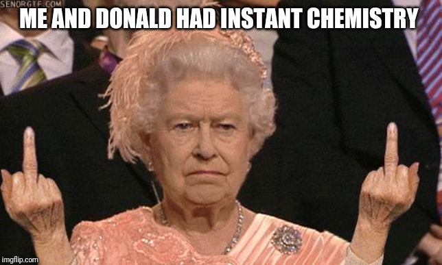Queen Elizabeth Flipping The Bird | ME AND DONALD HAD INSTANT CHEMISTRY | image tagged in queen elizabeth flipping the bird | made w/ Imgflip meme maker