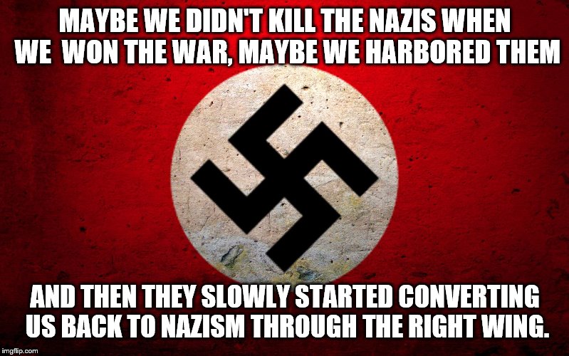 Maga in the we 21st century | MAYBE WE DIDN'T KILL THE NAZIS WHEN WE  WON THE WAR, MAYBE WE HARBORED THEM; AND THEN THEY SLOWLY STARTED CONVERTING US BACK TO NAZISM THROUGH THE RIGHT WING. | image tagged in nazi flag | made w/ Imgflip meme maker