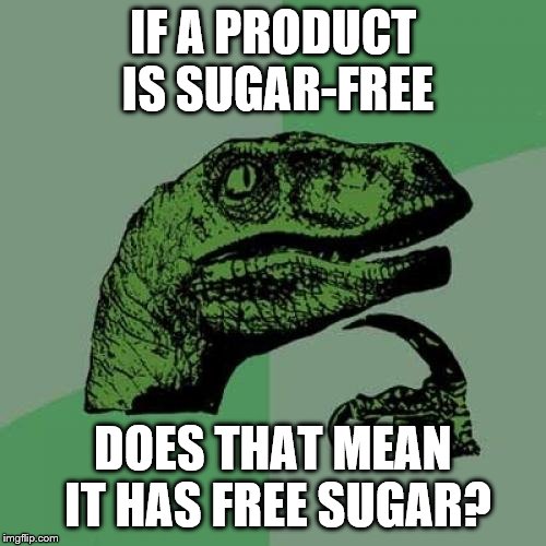 Philosoraptor Meme | IF A PRODUCT IS SUGAR-FREE; DOES THAT MEAN IT HAS FREE SUGAR? | image tagged in memes,philosoraptor | made w/ Imgflip meme maker