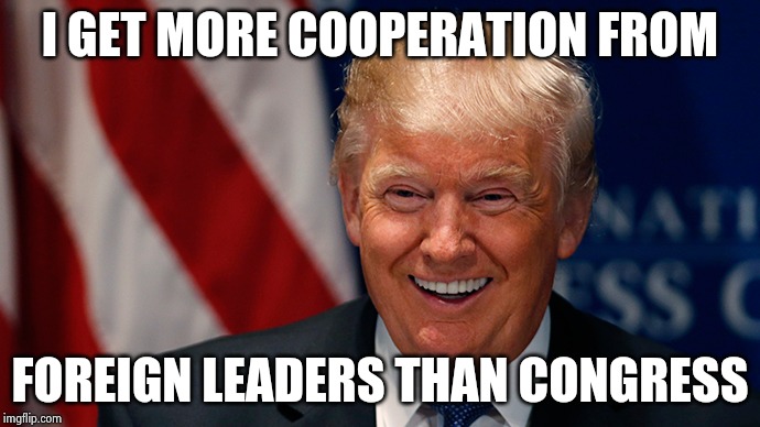 Laughing Donald Trump | I GET MORE COOPERATION FROM FOREIGN LEADERS THAN CONGRESS | image tagged in laughing donald trump | made w/ Imgflip meme maker