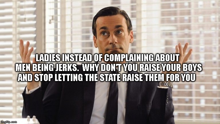 John Hamm Hands up mad men | LADIES INSTEAD OF COMPLAINING ABOUT MEN BEING JERKS.  WHY DON'T YOU RAISE YOUR BOYS AND STOP LETTING THE STATE RAISE THEM FOR YOU | image tagged in john hamm hands up mad men | made w/ Imgflip meme maker