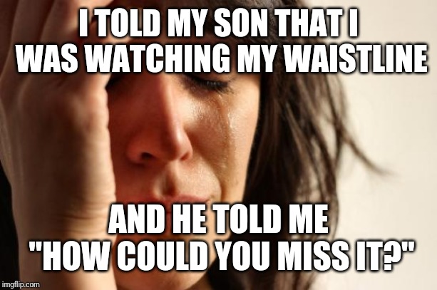 First World Problems Meme | I TOLD MY SON THAT I WAS WATCHING MY WAISTLINE; AND HE TOLD ME "HOW COULD YOU MISS IT?" | image tagged in memes,first world problems | made w/ Imgflip meme maker