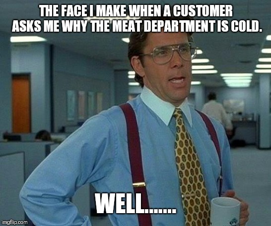 That Would Be Great | THE FACE I MAKE WHEN A CUSTOMER ASKS ME WHY THE MEAT DEPARTMENT IS COLD. WELL....... | image tagged in memes,that would be great | made w/ Imgflip meme maker