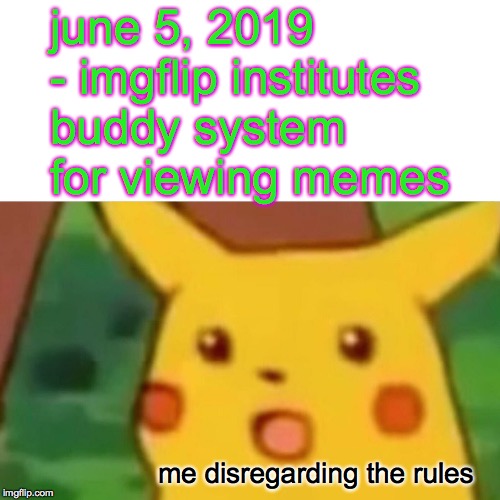 Surprised Pikachu Meme | june 5, 2019 - imgflip institutes buddy system for viewing memes me disregarding the rules | image tagged in memes,surprised pikachu | made w/ Imgflip meme maker