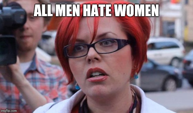 Angry Feminist | ALL MEN HATE WOMEN | image tagged in angry feminist | made w/ Imgflip meme maker