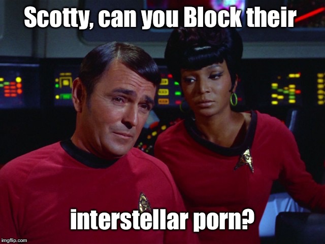 Scotty and Uhura | Scotty, can you Block their interstellar porn? | image tagged in scotty and uhura | made w/ Imgflip meme maker