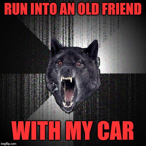 Insanity Wolf | RUN INTO AN OLD FRIEND; WITH MY CAR | image tagged in memes,insanity wolf | made w/ Imgflip meme maker