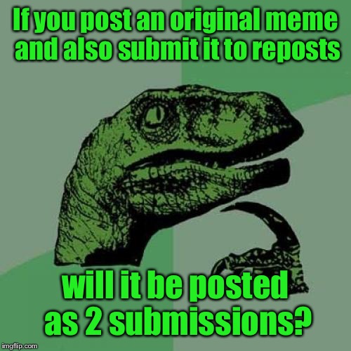 A paradox | If you post an original meme and also submit it to reposts; will it be posted as 2 submissions? | image tagged in memes,philosoraptor,repost,original meme,same submission,paradox | made w/ Imgflip meme maker