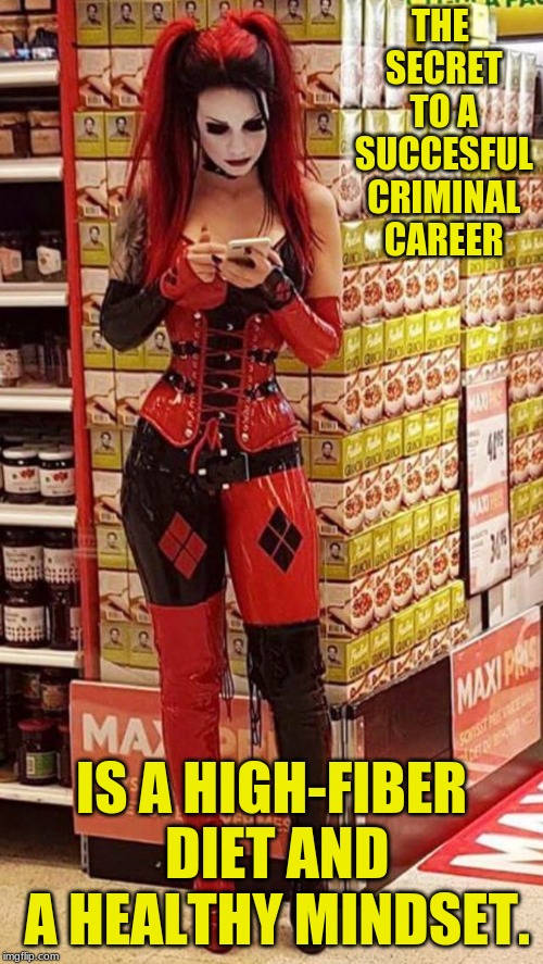 The Harley Quin Diet | THE SECRET TO A SUCCESFUL CRIMINAL CAREER; IS A HIGH-FIBER DIET AND A HEALTHY MINDSET. | image tagged in harley quin,crazy woman,dc comics,humor,cosplay,comicon | made w/ Imgflip meme maker