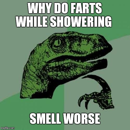 Philosoraptor | WHY DO FARTS WHILE SHOWERING; SMELL WORSE | image tagged in memes,philosoraptor | made w/ Imgflip meme maker