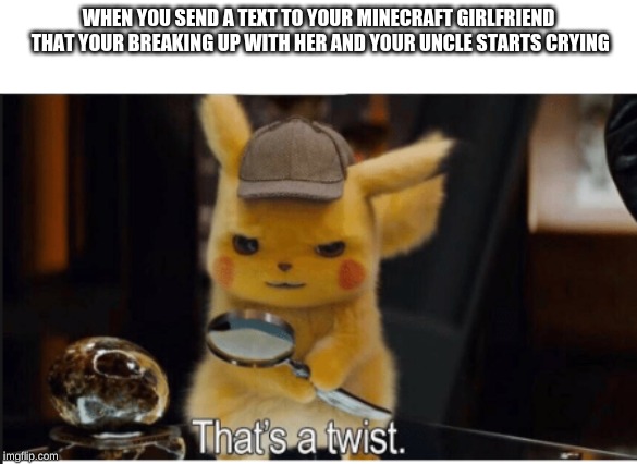 Thats a Twist | WHEN YOU SEND A TEXT TO YOUR MINECRAFT GIRLFRIEND THAT YOUR BREAKING UP WITH HER AND YOUR UNCLE STARTS CRYING | image tagged in thats a twist | made w/ Imgflip meme maker