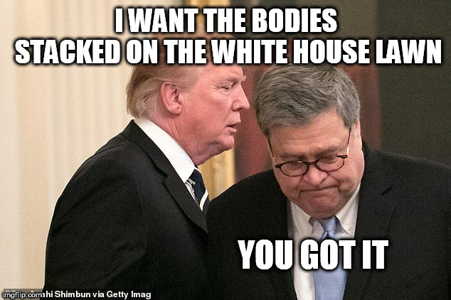 trump, barr | I WANT THE BODIES STACKED ON THE WHITE HOUSE LAWN; YOU GOT IT | image tagged in trump barr | made w/ Imgflip meme maker