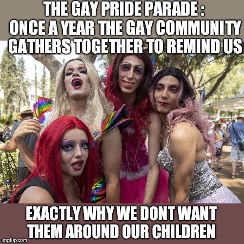 THE GAY PRIDE PARADE : ONCE A YEAR THE GAY COMMUNITY GATHERS TOGETHER TO REMIND US; EXACTLY WHY WE DONT WANT THEM AROUND OUR CHILDREN | image tagged in funny memes,gay pride,gay marriage | made w/ Imgflip meme maker