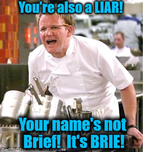 Chef Gordon Ramsay Meme | You're also a LIAR! Your name's not Brief!  It's BRIE! | image tagged in memes,chef gordon ramsay | made w/ Imgflip meme maker