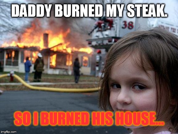Disaster Girl Meme | DADDY BURNED MY STEAK. SO I BURNED HIS HOUSE... | image tagged in memes,disaster girl | made w/ Imgflip meme maker