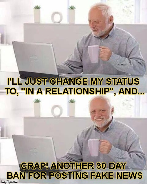 Chicks Dig Taken Men | I'LL JUST CHANGE MY STATUS TO, "IN A RELATIONSHIP", AND... CRAP! ANOTHER 30 DAY BAN FOR POSTING FAKE NEWS | image tagged in hide the pain harold,relationships,social media,facebook,dating,fake news | made w/ Imgflip meme maker
