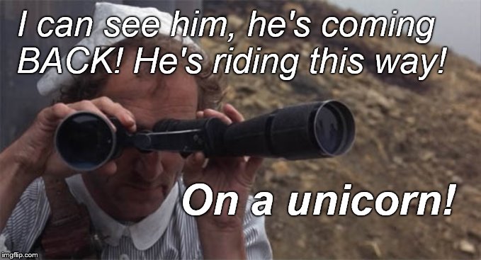 marty feldman field glasses | I can see him, he's coming BACK! He's riding this way! On a unicorn! | image tagged in marty feldman field glasses | made w/ Imgflip meme maker