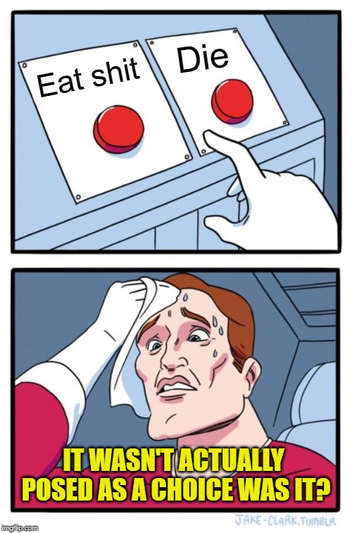 If it were a choice which would you do? | Die; Eat shit; IT WASN'T ACTUALLY POSED AS A CHOICE WAS IT? | image tagged in memes,two buttons,eat shit and die | made w/ Imgflip meme maker