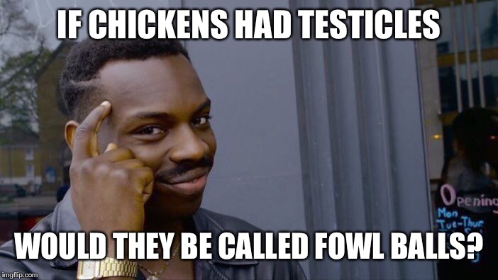 Roll Safe Think About It Meme | IF CHICKENS HAD TESTICLES; WOULD THEY BE CALLED FOWL BALLS? | image tagged in memes,roll safe think about it | made w/ Imgflip meme maker