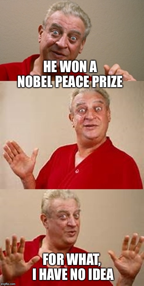 bad pun Dangerfield  | HE WON A NOBEL PEACE PRIZE FOR WHAT, I HAVE NO IDEA | image tagged in bad pun dangerfield | made w/ Imgflip meme maker