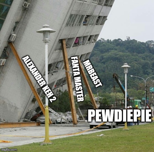 Pewd vs T series of a building | MRBEAST; ALEXANDER KEH 2; FANTA MASTER; PEWDIEPIE | image tagged in falling building held up with sticks | made w/ Imgflip meme maker