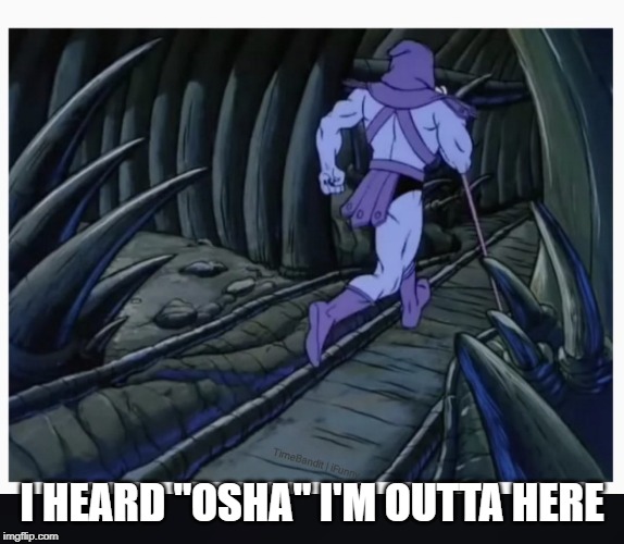Skeletor running | I HEARD "OSHA" I'M OUTTA HERE | image tagged in skeletor running | made w/ Imgflip meme maker
