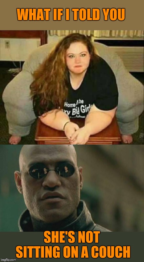 It would take a strong couch | WHAT IF I TOLD YOU; SHE'S NOT SITTING ON A COUCH | image tagged in memes,matrix morpheus,optical illusion,44colt,fat girl,furniture | made w/ Imgflip meme maker