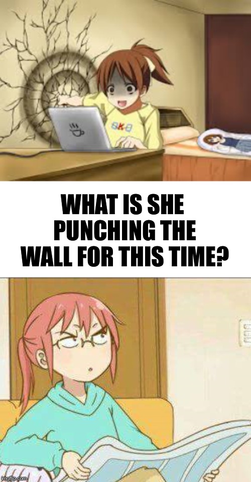 Now what? | WHAT IS SHE PUNCHING THE WALL FOR THIS TIME? | image tagged in anime girl punches the wall,anime girl reading a newspaper | made w/ Imgflip meme maker