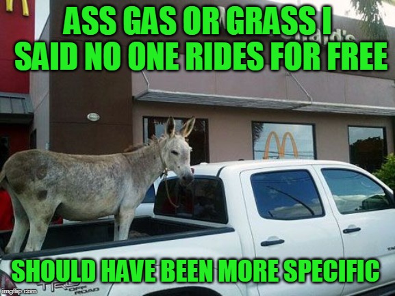 Remember when you could pick up hitchhikers? | ASS GAS OR GRASS I SAID NO ONE RIDES FOR FREE; SHOULD HAVE BEEN MORE SPECIFIC | image tagged in old joke,humor,funny | made w/ Imgflip meme maker