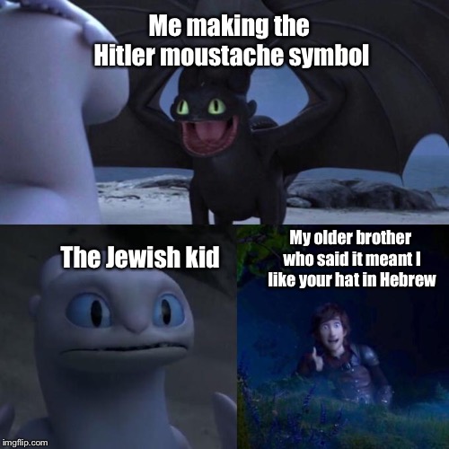 Toothless presents himself | Me making the Hitler moustache symbol; The Jewish kid; My older brother who said it meant I like your hat in Hebrew | image tagged in toothless presents himself | made w/ Imgflip meme maker