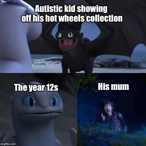 Toothless presents himself | Autistic kid showing off his hot wheels collection; The year 12s; His mum | image tagged in toothless presents himself | made w/ Imgflip meme maker