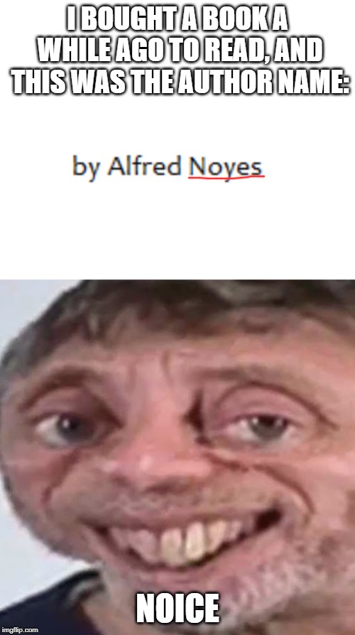 Noice! | I BOUGHT A BOOK A WHILE AGO TO READ, AND THIS WAS THE AUTHOR NAME:; NOICE | image tagged in memes,funny,alfred,noice,poems,books | made w/ Imgflip meme maker