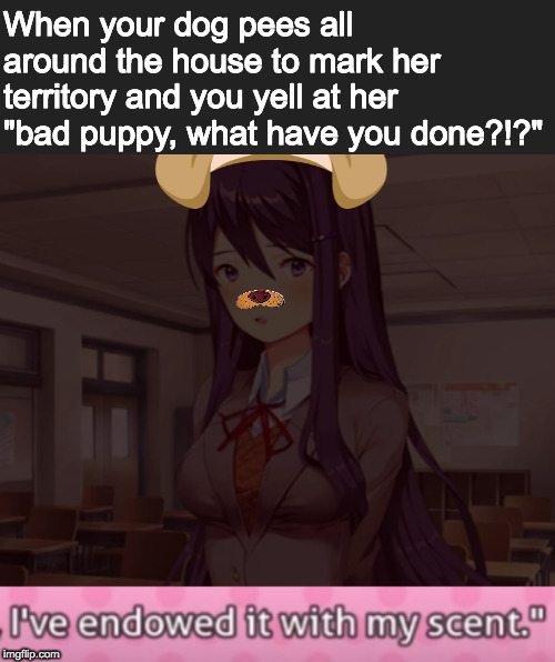 "Ain't I the most thoughtful dog in the club?" | When your dog pees all around the house to mark her territory and you yell at her "bad puppy, what have you done?!?" | image tagged in ddlc,doki doki literature club,dogs,gaming,memes | made w/ Imgflip meme maker
