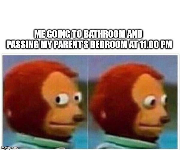 Monkey Puppet Meme | ME GOING TO BATHROOM AND PASSING MY PARENT’S BEDROOM AT 11.00 PM | image tagged in monkey puppet | made w/ Imgflip meme maker