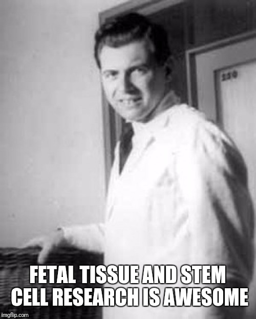 Mengele | FETAL TISSUE AND STEM CELL RESEARCH IS AWESOME | image tagged in mengele | made w/ Imgflip meme maker