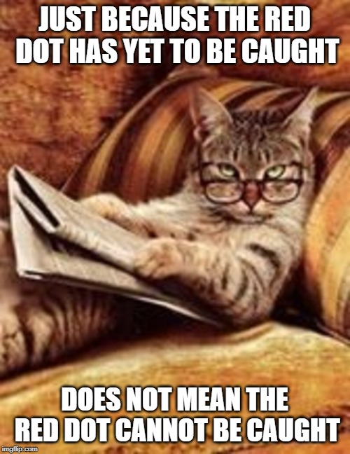 Newspaper cat | JUST BECAUSE THE RED DOT HAS YET TO BE CAUGHT DOES NOT MEAN THE RED DOT CANNOT BE CAUGHT | image tagged in newspaper cat | made w/ Imgflip meme maker