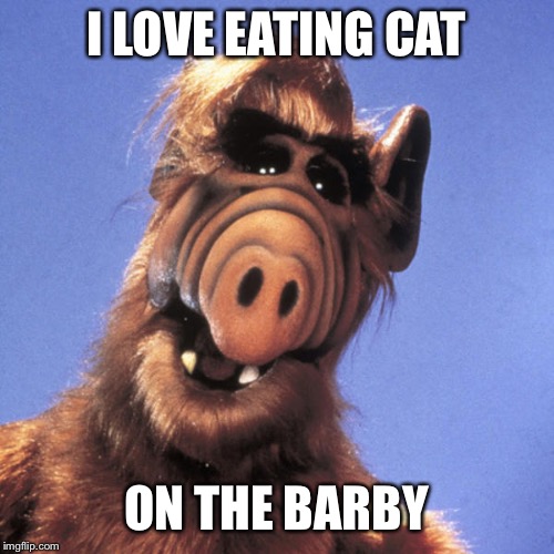Alf  | I LOVE EATING CAT ON THE BARBY | image tagged in alf | made w/ Imgflip meme maker