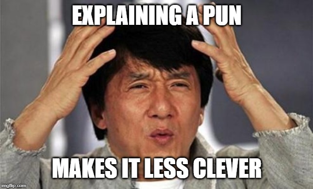 Jackie Chan WTF | EXPLAINING A PUN MAKES IT LESS CLEVER | image tagged in jackie chan wtf | made w/ Imgflip meme maker