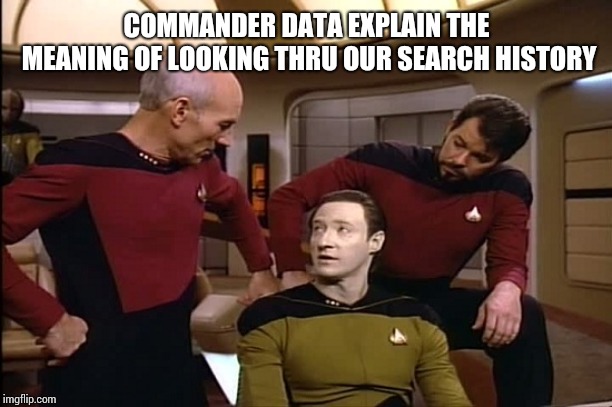 Star Trek | COMMANDER DATA EXPLAIN THE MEANING OF LOOKING THRU OUR SEARCH HISTORY | image tagged in star trek | made w/ Imgflip meme maker