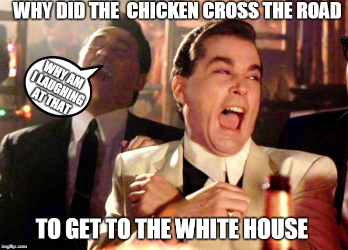 Good Fellas Hilarious | WHY DID THE  CHICKEN CROSS THE ROAD; WHY AM I LAUGHING AT THAT; TO GET TO THE WHITE HOUSE | image tagged in memes,good fellas hilarious | made w/ Imgflip meme maker