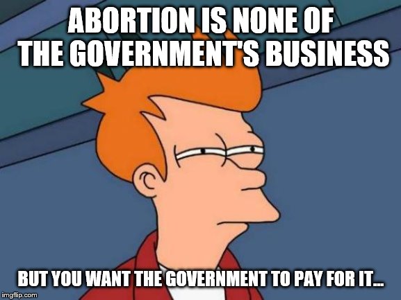 Biden, you little wussy, only 29% of Americans oppose the Hyde Amendment. | ABORTION IS NONE OF THE GOVERNMENT'S BUSINESS; BUT YOU WANT THE GOVERNMENT TO PAY FOR IT... | image tagged in memes,futurama fry | made w/ Imgflip meme maker