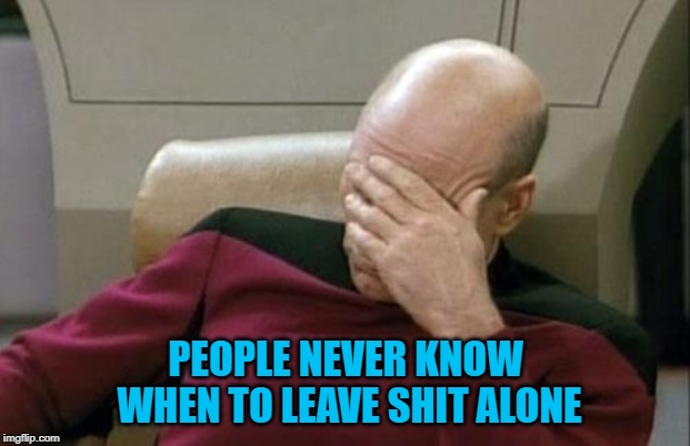 Captain Picard Facepalm Meme | PEOPLE NEVER KNOW WHEN TO LEAVE SHIT ALONE | image tagged in memes,captain picard facepalm | made w/ Imgflip meme maker