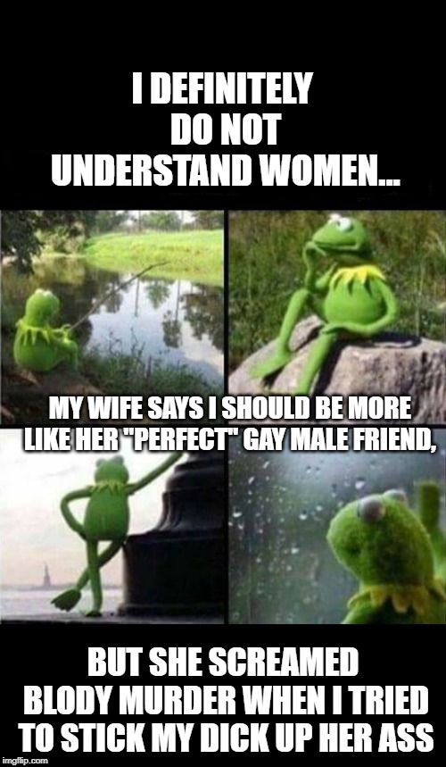 Squeal Miss Piggy? | I DEFINITELY DO NOT UNDERSTAND WOMEN... MY WIFE SAYS I SHOULD BE MORE LIKE HER "PERFECT" GAY MALE FRIEND, BUT SHE SCREAMED BLODY MURDER WHEN I TRIED TO STICK MY DICK UP HER ASS | image tagged in kermit thinking collage | made w/ Imgflip meme maker
