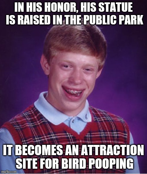 Bad Luck Brian Meme | IN HIS HONOR, HIS STATUE IS RAISED IN THE PUBLIC PARK; IT BECOMES AN ATTRACTION SITE FOR BIRD POOPING | image tagged in memes,bad luck brian | made w/ Imgflip meme maker