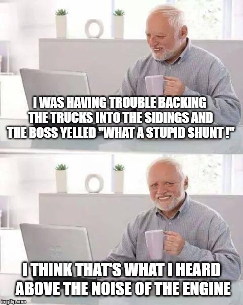 Hide the Pain Harold Meme | I WAS HAVING TROUBLE BACKING THE TRUCKS INTO THE SIDINGS AND THE BOSS YELLED "WHAT A STUPID SHUNT !" I THINK THAT'S WHAT I HEARD ABOVE THE N | image tagged in memes,hide the pain harold | made w/ Imgflip meme maker