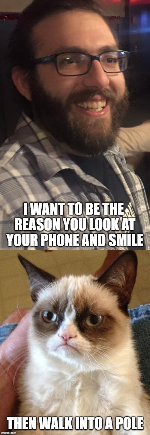 I WANT TO BE THE REASON YOU LOOK AT YOUR PHONE AND SMILE; THEN WALK INTO A POLE | image tagged in memes,grumpy cat,clueless chris | made w/ Imgflip meme maker