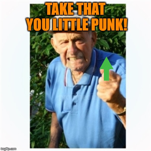 Old man shaking fist | TAKE THAT YOU LITTLE PUNK! | image tagged in old man shaking fist | made w/ Imgflip meme maker