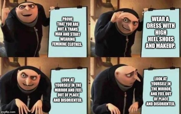 Gru's Plan Meme | PROVE THAT YOU ARE NOT A TRANS MAN AND START WEARING FEMININE CLOTHES. WEAR A DRESS WITH HIGH HEEL SHOES AND MAKEUP. LOOK AT YOURSELF IN THE MIRROR AND FEEL OUT OF PLACE AND DISORIENTED. LOOK AT YOURSELF IN THE MIRROR AND FEEL OUT OF PLACE AND DISORIENTED. | image tagged in gru's plan,egg_irl | made w/ Imgflip meme maker