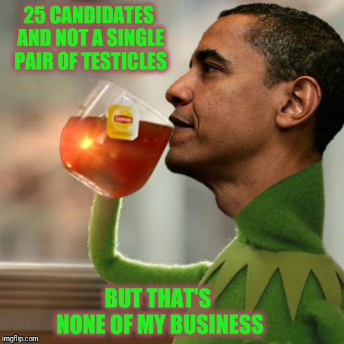 Bad Photoshop Sunday presents:  When you want my opinion you'll give it to me! | 25 CANDIDATES AND NOT A SINGLE PAIR OF TESTICLES BUT THAT'S NONE OF MY BUSINESS | image tagged in bad photoshop sunday,kermit the frog,barack obama,dnc,flip flop | made w/ Imgflip meme maker